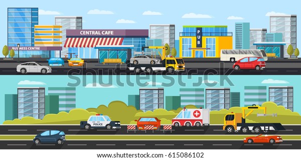 Car evacuation horizontal banners with tow\
truck transporting automobile car rescue and assistance on road\
vector illustration