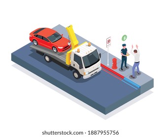 Car evacuation isometric design concept with tow truck policeman driver and sign parking is prohibited vector illustration