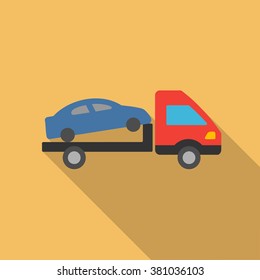 Car Evacuation long shadow vector icon. Style is a flat symbol with rounded angles on a colored square button.