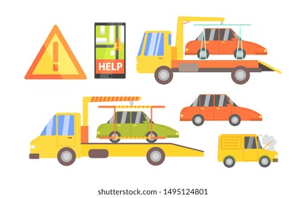 Car Evacuation Set, Road Assistance Service Help, Evacuator Tow Track and Damaged Cars Vector Illustration