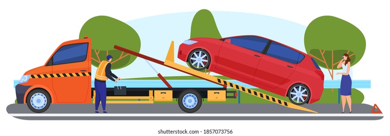 Car evacuation. The tow truck is transporting a broken car. woman calling for help on the road. Vector illustration