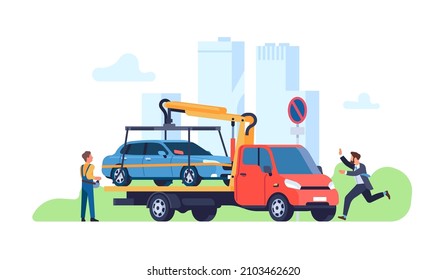 Car evacuator. Parking violations consequences. Driver catches up with automobile. Forced transportation of vehicle. Transport evacuation. Tow truck takes auto away