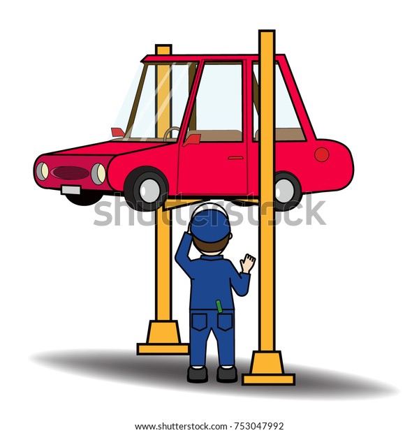 car examined by mechanic cartoon character.\
Vector illustration\
concept.