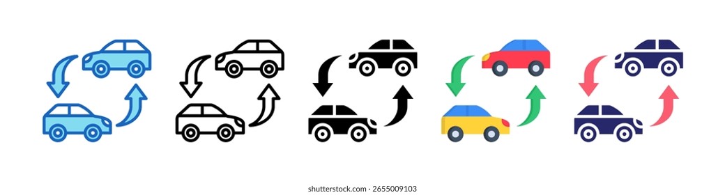 Icono de intercambio de automóviles Colección de conjunto de estilos múltiples.