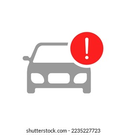 Car with an exclamation mark. Warning sign flat icon isolated on white background. Vector illustration