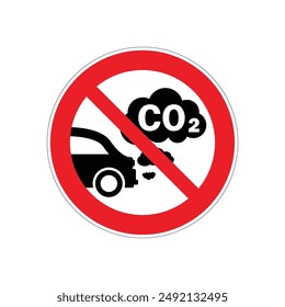 Anuncio de prohibición de escape de coche. No se permite la emisión del coche de contaminación gráfico signo aislado sobre fondo blanco. Símbolo gráfico del gas de escape de los neumáticos de los vehículos de CO2. Ilustración vectorial Eps10