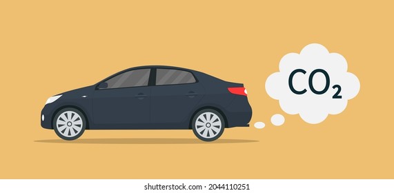 Car exhaust. Co2 smoke cloud from car. Icon of carbon emission from vehicle. Transport pollute air. Illustration for save environmental, ecology and atmosphere. Concept of clean ecosystem. Vector.