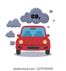 Car exhaust fumes with CO2 in flat design on white background. Motor vehicle pollution.