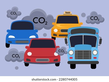 Car exhaust fumes with CO2 in flat design. Motor vehicle air pollution.