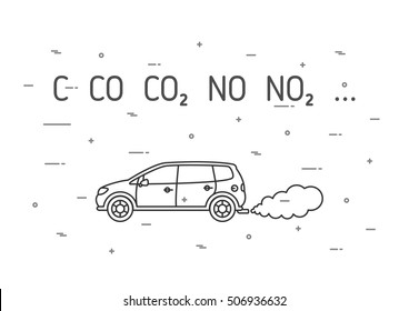 Car Exhaust Fumes Vector Illustration. CO2, NO2 Emissions Line Art Concept. Carbon Dioxide Emits, Smoke Pollution Graphic Design.
