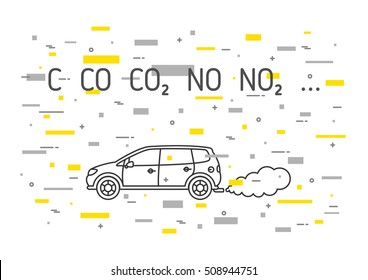 Car exhaust fumes vector illustration with decorative colorful elements. CO2, NO2 emissions line art concept. Carbon dioxide emits, smoke pollution graphic design.
