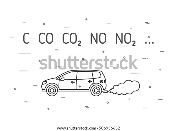 Car exhaust fumes vector illustration. CO2, NO2
emissions line art concept. Carbon dioxide emits, smoke pollution
graphic design.
