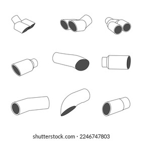 Car exhaust pipe tip set, vector line on white backgrond