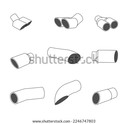 Car exhaust pipe tip set, vector line on white backgrond