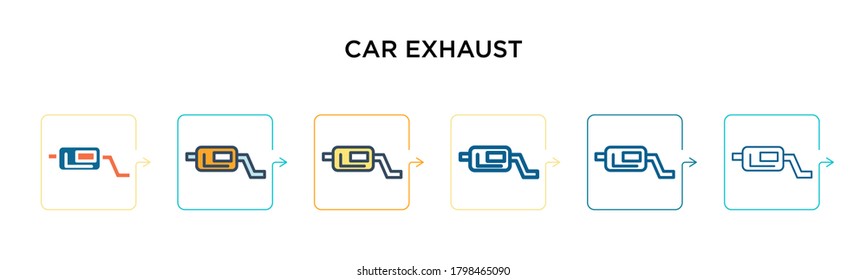 Car exhaust vector icon in 6 different modern styles. Black, two colored car exhaust icons designed in filled, outline, line and stroke style. Vector illustration can be used for web, mobile, ui