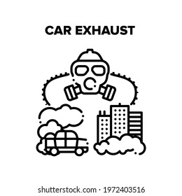 Car Exhaust Vector Icon Concept. Car Exhaust Smog And Urban Air Pollution. City Environment Ecology And Atmosphere Problem. Vehicle Transportation Smoke Steam Protective Gas Mask Black Illustration