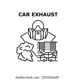 Car Exhaust Vector Icon Concept. Car Exhaust And Environment Pollution Ecology Problem, Protective Facial Mask. Urban Traffic Road Jam, Automobile Emission Steam Black Illustration