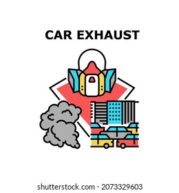 Car Exhaust Vector Icon Concept. Car Exhaust And Environment Pollution Ecology Problem, Protective Facial Mask. Urban Traffic Road Jam, Automobile Emission Steam Color Illustration