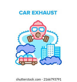 Car Exhaust Vector Icon Concept. Car Exhaust Smog And Urban Air Pollution. City Environment Ecology And Atmosphere Problem. Vehicle Transportation Smoke Steam Protective Gas Mask Color Illustration