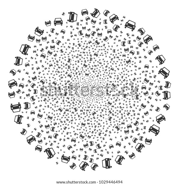Car exploding round cluster. Object\
pattern combined from random car symbols as festive round shape.\
Vector illustration style is flat iconic\
symbols.