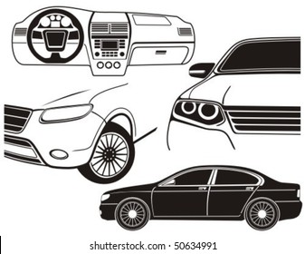 Car exterior and dashboard view. Vector illustration.