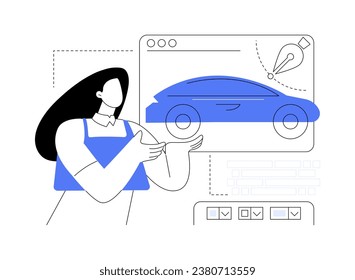 Ilustración vectorial del concepto abstracto del diseño exterior del automóvil. Diseñador automotriz esquematizando el exterior del coche, fabricación de automóviles, industria de ingeniería, desarrollo de apariencia de vehículos metáfora abstracta.