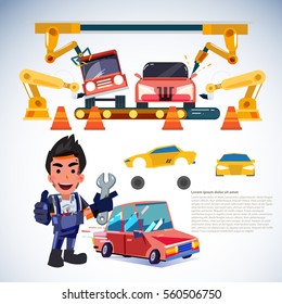 Car Factor. Robotic Arms Make Car. Automations. Mechanic Engineer Character Design - Vector Illustration