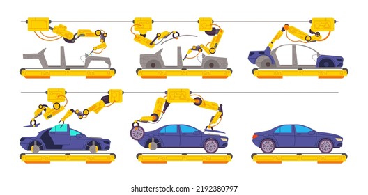 Car factory assembly. Automotive plant cars manufacture line, industrial conveyor machinery process automatic assemble automobile auto motor production vector illustration of conveyor equipment