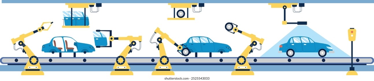 Linha de montagem automática de fábrica de automóveis com braços robóticos