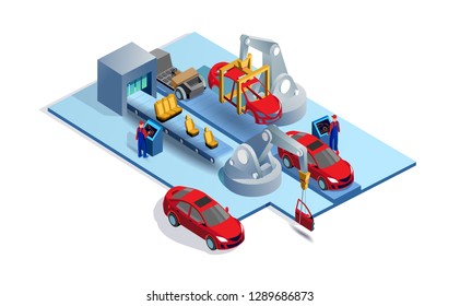 Car Factory. Automobile Plant. Automotive Assembly Line. Engineering Systems Automobile Production Line. Car Manufacturing Process. Conveyor For Assembly Of Cars Vector 3d Isometric Illustration