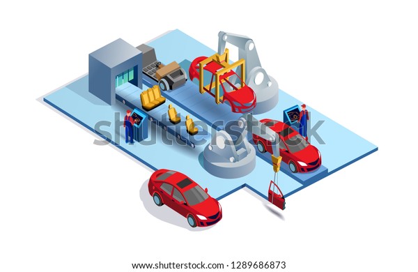 Car factory. Automobile plant. Automotive\
assembly line. Engineering systems automobile production line. Car\
manufacturing process. Conveyor for assembly of cars vector 3d\
isometric illustration