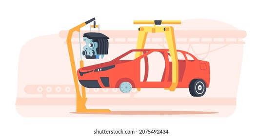 Car Factory, Automobile Production Industry With Vehicle Body Hang On Robotics Arm. Automotive Manufacture, Production Line, Modern Technologies, Auto Plant. Cartoon Vector Illustration