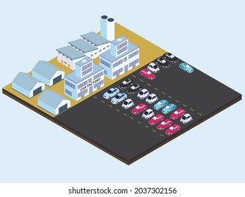 Car Factory Building And New Various Cars In Rows At The Parking Area. Isometric Vector Concept