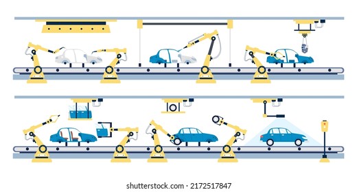 Car factory. Cars industry manufacturing, automation conveyor with robotics technology. Assembly auto and transport. Smart flat business production recent vector scene