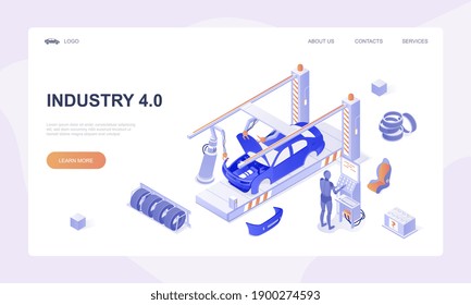 Car Factory Concept. Automobile Plant. Automotive Assembly Line. Car Manufacturing Process. Conveyor For Assembly Of Cars. Isometric Vector Illustration. Website, Webpage, Landing Page Template