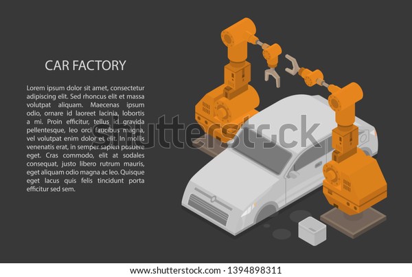 Car factory concept\
banner. Isometric illustration of car factory vector concept banner\
for web design