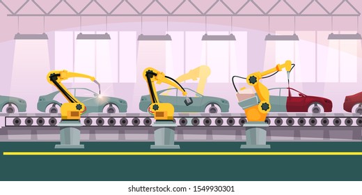 Car factory flat vector illustration. Transport manufacturing, automotive technology. Industrial automated machinery for automobile production. Cartoon assembly line with robotic arms and manipulators