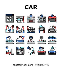 Car Factory Production Collection Icons Set Vector. Car Factory Equipment And Conveyor For Welding Parts And Installing Details, Crash And Airbag Test Concept Linear Pictograms. Contour Illustrations
