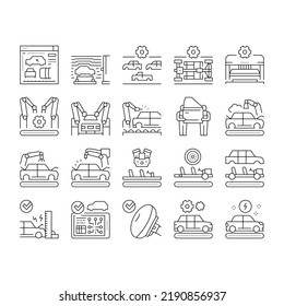 Car Factory Production Collection Icons Set Vector. Car Factory Equipment And Conveyor For Welding Parts And Installing Details, Crash And Airbag Test Black Contour Illustrations