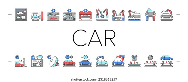 Car Factory Production Collection Icons Set Vector. Car Factory Equipment And Conveyor For Welding Parts And Installing Details, Crash And Airbag Test Concept Linear Pictograms. Contour Illustrations