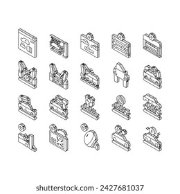 Car Factory Production Collection isometric icons set. Car Factory Equipment And Conveyor For Welding Parts And Installing Details, Crash And Airbag Test 
