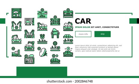 Car Factory Production Landing Header Vector. Car Factory Equipment And Conveyor For Welding Parts And Installing Details, Crash And Airbag Test Illustration