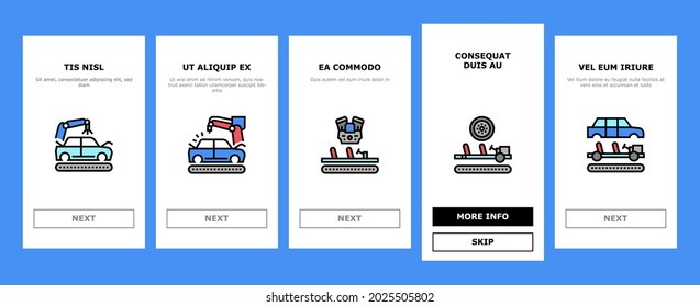 Car Factory Production Onboarding Mobile App Page Screen Vector. Car Factory Equipment And Conveyor For Welding Parts And Installing Details, Crash And Airbag Test Illustrations