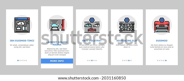 Car Factory\
Production Onboarding Mobile App Page Screen Vector. Car Factory\
Equipment And Conveyor For Welding Parts And Installing Details,\
Crash And Airbag Test\
Illustrations