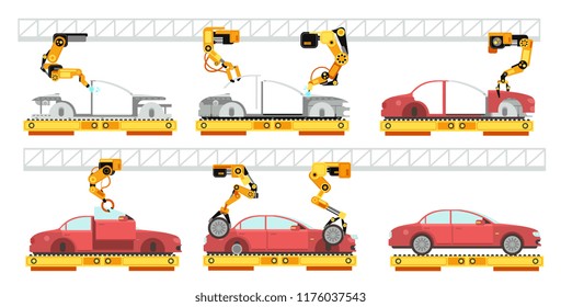 Car Factory. Robotic Automotive Assembly Line With Automobiles. Conveyor For Car Assembly Vector Manufacturing Concept. Car Conveyor Assembly, Factory Automotive Production Illustration