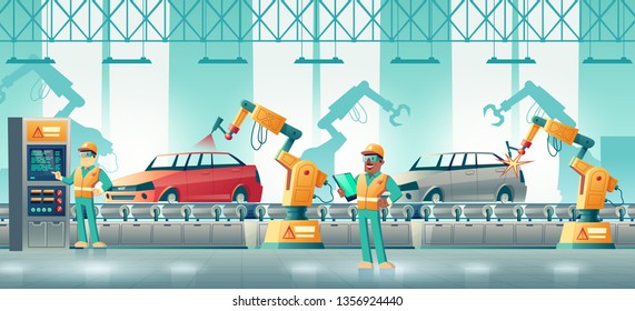 Car factory robotized production line cartoon vector. Technicians controlling vehicle body welding and painting with robotic hands on conveyor belt illustration. Computer numerical control technology