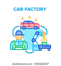 Car Factory Vector Icon Concept. Car Factory Robotic Arm for Manufacturing And Building Equipment, Plant Worker Engineer And Electronic Construction Tool. Production Line Machine Color Illustration