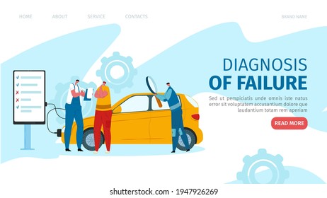 Car Failure Diagnosis, Vehicle Technician Workshop Vector Illustration. Mechanic Transport Maintenance In Garage, Auto Inspection And Engine Check.