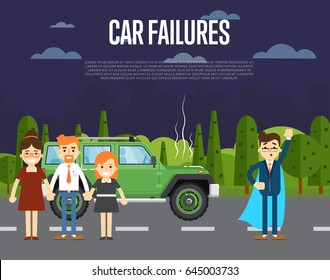 Car failures concept with people standing near broken car on road. Man in business suit and cape superhero. Roadside assistance, automobile repair service, road accident vector illustration.