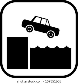 Car falling down off slope into the water sign 